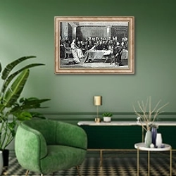 «The Queen's First Council, from 'Leisure Hour', 1888» в интерьере гостиной в зеленых тонах