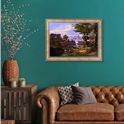 «Итальянский пейзаж с триумфом Селенуса» в интерьере гостиной с зеленой стеной над диваном