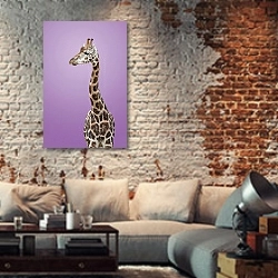 «Жираф на фиолетовом фоне» в интерьере гостиной в стиле лофт с кирпичной стеной