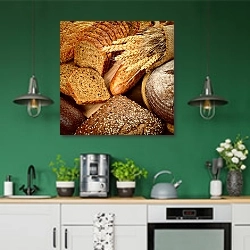 «Свежий хлеб 2» в интерьере кухни с зелеными стенами