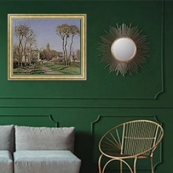 «Entrance to the Village of Voisins, Yvelines, 1872» в интерьере классической гостиной с зеленой стеной над диваном