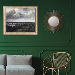 «Пейзаж с городком вдалеке» в интерьере классической гостиной с зеленой стеной над диваном