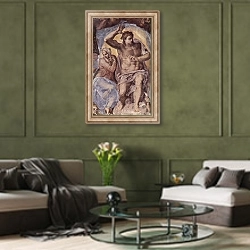 «Страшный суд, фреска из Сикстинской капеллы [02]. Фрагмент. Христос и Мария» в интерьере гостиной в оливковых тонах