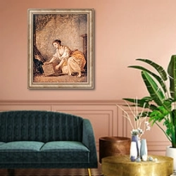 «A Young Girl Lifting a Chest» в интерьере классической гостиной над диваном