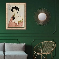 «A Woman in Underclothes, 1918» в интерьере классической гостиной с зеленой стеной над диваном