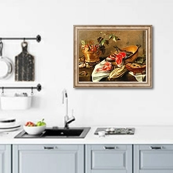 «Still life with fruit in a copper vessel, fish and game» в интерьере кухни над мойкой