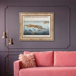 «Птичья перспектива острова, гаваней и укреплений Кронштадта» в интерьере гостиной с розовым диваном