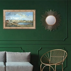«View of Stockholm from the Royal Palace, 1801» в интерьере классической гостиной с зеленой стеной над диваном