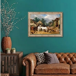 «The Farmyard, 1860» в интерьере гостиной с зеленой стеной над диваном