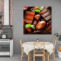 «Шоколад и конфеты, присыпанные корицей с листочками мяты» в интерьере кухни над обеденным столом