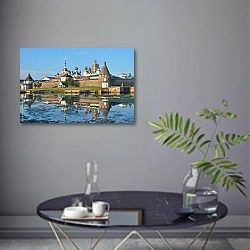 «Россия. Соловецкий монастырь и гавань» в интерьере современной гостиной в серых тонах