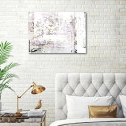«Многослойный абстрактный мир» в интерьере современной спальни в белом цвете с золотыми деталями