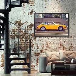 «Желтый порш» в интерьере двухярусной гостиной в стиле лофт с кирпичной стеной