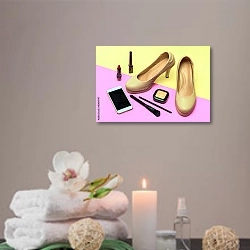 «Светлые туфли и аксессуары на розово-жёлтом фоне» в интерьере салона красоты