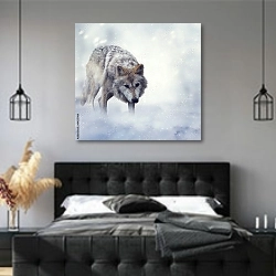 «Волк зимой» в интерьере современной спальни с черной кроватью