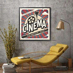 «Кино, ретро плакат» в интерьере в стиле лофт с желтым креслом