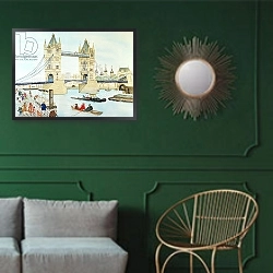 «Tower Bridge, London» в интерьере классической гостиной с зеленой стеной над диваном
