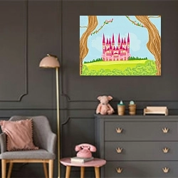 «Розовый замок» в интерьере детской комнаты для девочки в серых тонах