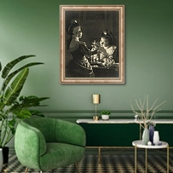 «Miss Kitty Dressing, 1781» в интерьере гостиной в зеленых тонах