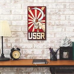 «Советский плакат с серпом» в интерьере кабинета в стиле лофт над столом