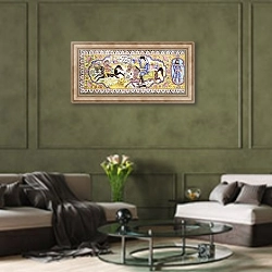 «First cartouche from a long panel of cuerda seca tiles, depicting hunting and battle scenes, 19th century» в интерьере гостиной в оливковых тонах