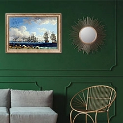 «The Battle of Chesma on the 5th July 1770» в интерьере классической гостиной с зеленой стеной над диваном