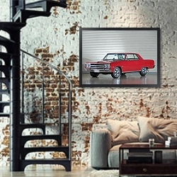 «Chevrolet Chevelle Malibu SS 396 PRO Z-16 Coupe '1965» в интерьере двухярусной гостиной в стиле лофт с кирпичной стеной