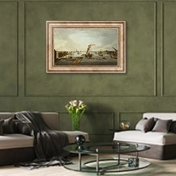 «Вид Невы с Петропавловской крепостью» в интерьере гостиной в оливковых тонах