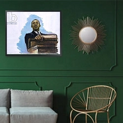 «Inalienable, 2001» в интерьере классической гостиной с зеленой стеной над диваном