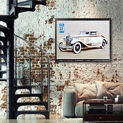 «Автомобили в искусстве 29» в интерьере двухярусной гостиной в стиле лофт с кирпичной стеной