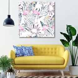 «Абстрактный тропический узор с фламинго и листьями» в интерьере современной гостиной с желтым диваном