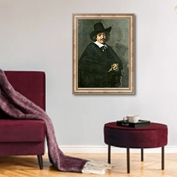 «Portrait of a man, c.1654-55» в интерьере гостиной в бордовых тонах