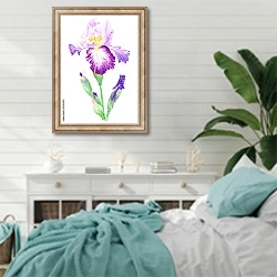«Фиолетовый ирис на белом фоне» в интерьере спальни в стиле прованс с голубыми деталями