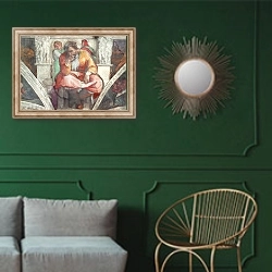 «Sistine Chapel Ceiling: The Prophet Jeremiah» в интерьере классической гостиной с зеленой стеной над диваном