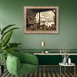 «A Village Snow Scene, 1819» в интерьере гостиной в зеленых тонах