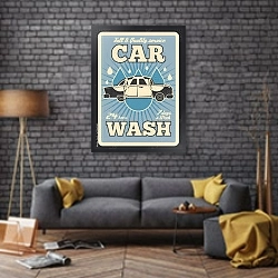 «Автомойка, ретро-плакат» в интерьере в стиле лофт над диваном