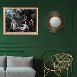 «Времена суток - Вечер» в интерьере классической гостиной с зеленой стеной над диваном