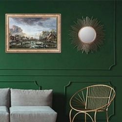 «Замерзжая река рядом с вечерним городом» в интерьере классической гостиной с зеленой стеной над диваном