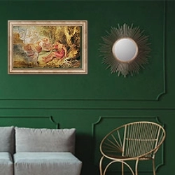 «Aurora Abducting Cephalus, 1636» в интерьере классической гостиной с зеленой стеной над диваном