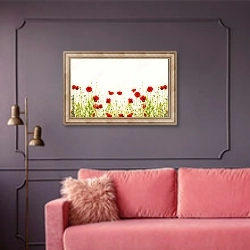 «Поле красных маков » в интерьере гостиной с розовым диваном