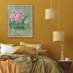 «Нежно-розовый цветок пиона с бутоном » в интерьере спальни  в этническом стиле в желтых тонах