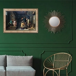 «Сцена в таверне» в интерьере классической гостиной с зеленой стеной над диваном