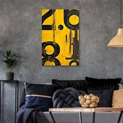 «Старая ржавая желтая поверхность с цифрами» в интерьере гостиной в стиле лофт в серых тонах