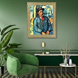 «Крестьянин в голубой блузе» в интерьере гостиной в зеленых тонах