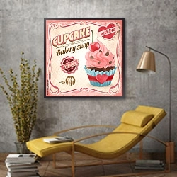 «Капкейк, ретро-плакат» в интерьере в стиле лофт с желтым креслом