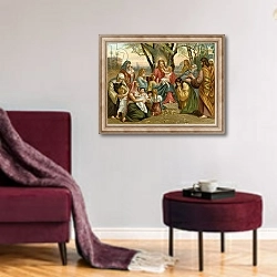 «Jesus blessing the Children» в интерьере гостиной в бордовых тонах