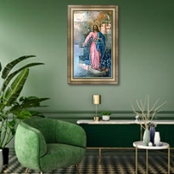 «Спас» в интерьере классической гостиной с зеленой стеной над диваном