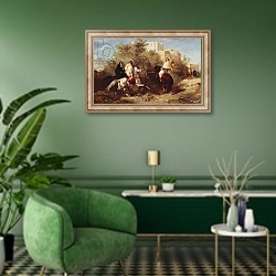 «Arab Horsemen» в интерьере гостиной в зеленых тонах