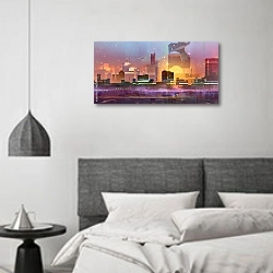 «Фантастический город будущего» в интерьере спальне в стиле минимализм над кроватью