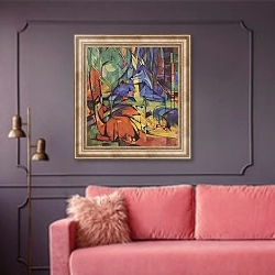 «Косули в лесу (II)» в интерьере гостиной с розовым диваном
